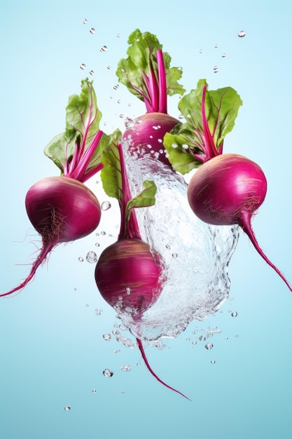 Fresh beets with leaves and splashes fly in the air on blue pastel background Trendy food levitation