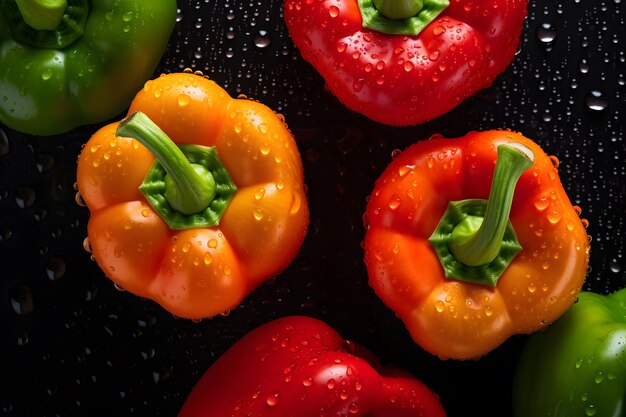 Fresh bell pepper vegetables background visible drops of water overhead angle