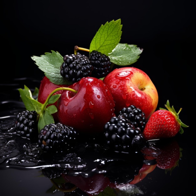 Photo fresh berries and apple on a reflective black surface