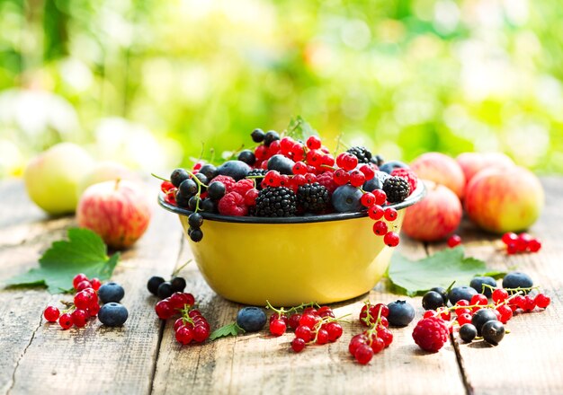 Fresh berries in a bowl on wooden table