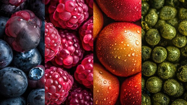 Fresh berries closeup with water droplets collage