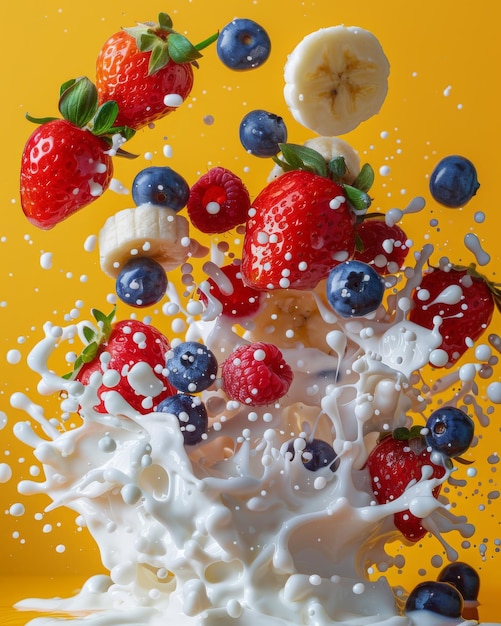 Fresh berries and cream caught in midair vivid colors HD quality