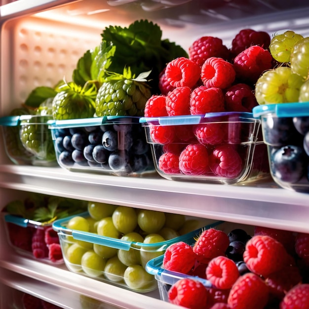 Fresh berries fruit stored neatly in organized clear pastic containers