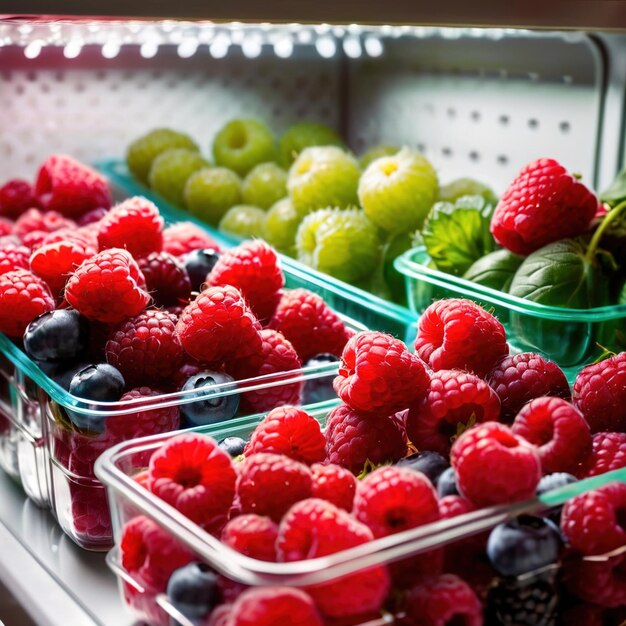 Photo fresh berries fruit stored neatly in organized clear pastic containers