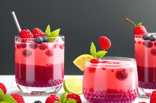 fresh berries and lemonade on light blue table