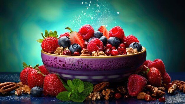 Fresh Berries and Nuts in Colorful Ceramic Bowl with Splashing Water Background