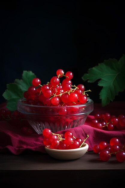 Fresh berries of red currant in the bowl surrounded with fresh berries on black background