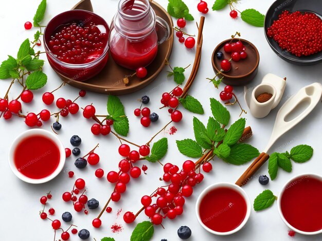 Fresh berries of red currant with cinnamon stick and mint leaves isolated ai generated