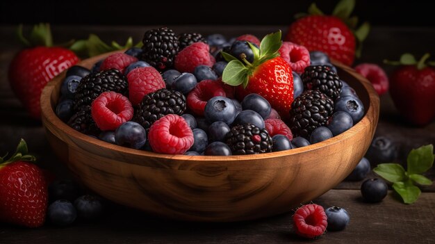 Fresh Berries in a Wooden Bowl