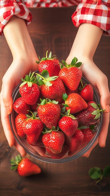 Fresh berry bounty Womans hands hold a bowl of strawberries Vertical Mobile Wallpaper