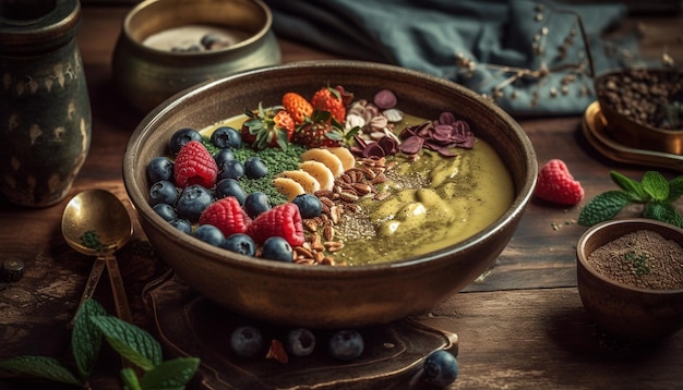 Ciotola di frutti di bosco freschi con muesli e yogurt generata dall'intelligenza artificiale