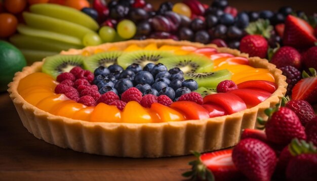 Photo fresh berry cheesecake slice on wooden plate a gourmet indulgence generated by ai