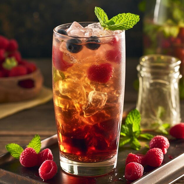 Fresh berry iced tea glass with ice cubes