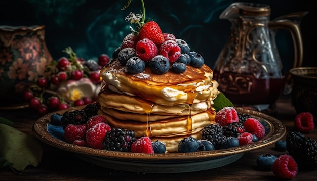 Fresh berry pancakes stacked high on plate generated by AI