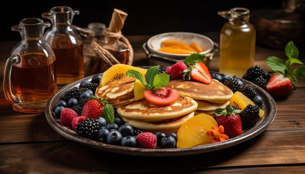 Fresh berry pancakes with honey syrup on rustic wooden table generated by artificial intelligence