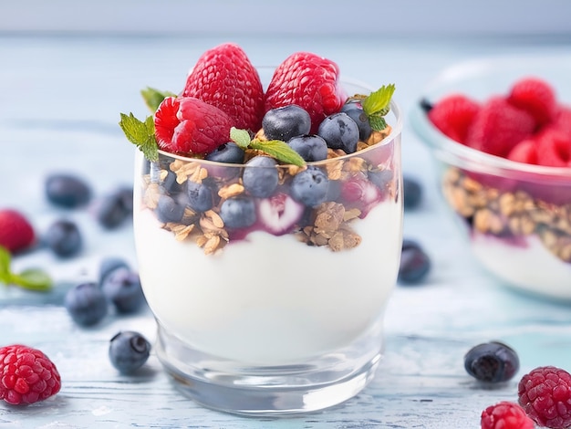 Fresh berry parfait with yogurt mint and homemade granola