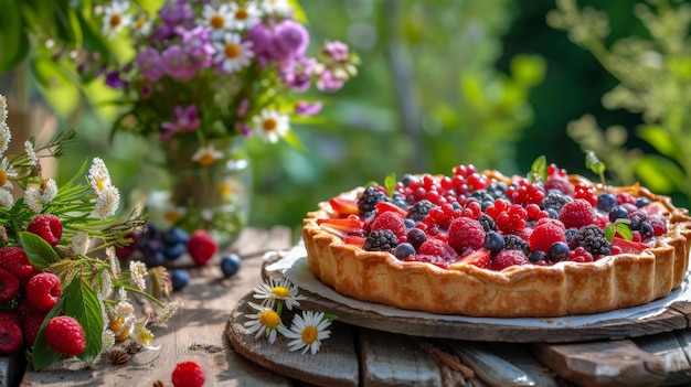 Фото Свежий ягодный пирог на деревянном столе в широком летнем саду