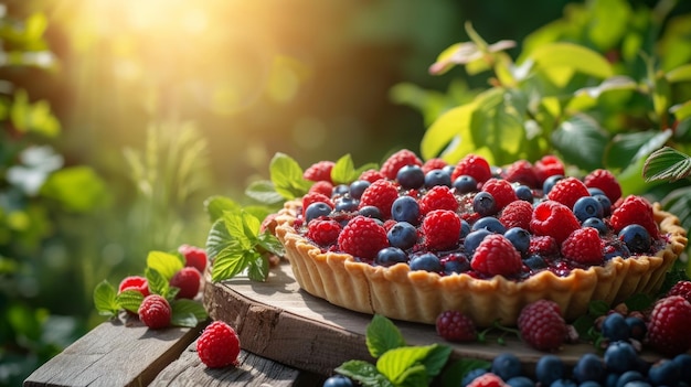 Свежий ягодный пирог на деревянном столе в широком летнем саду