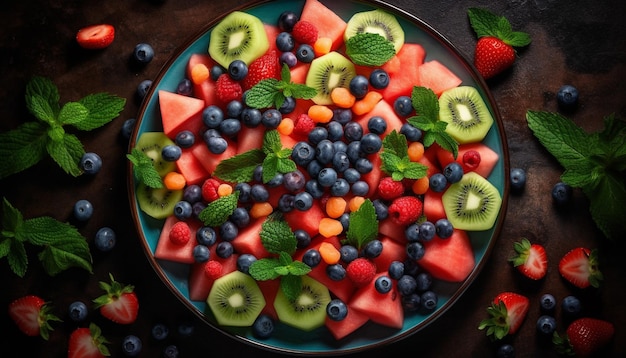 Fresh berry salad with kiwi and mint a healthy snack generated by AI