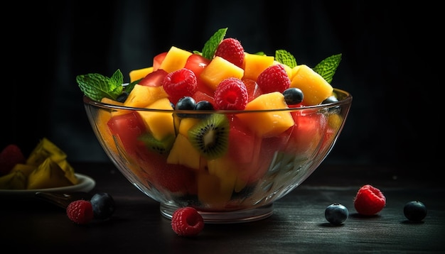 Fresh berry salad with mint leaf decoration generated by AI