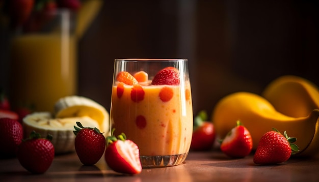 Fresh berry smoothie in rustic wooden bowl generated by AI