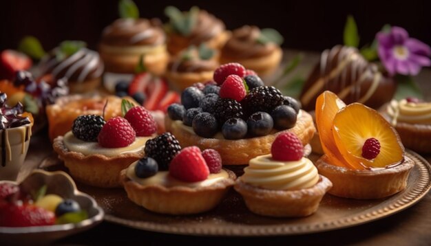 Fresh berry tart with chocolate indulgence decoration generated by AI