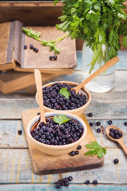 Fresh bilberry in dish