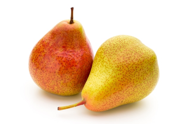 Fresh bio pear with leaves on isolated white background.