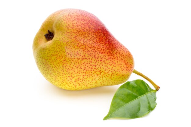 Fresh bio pear with leaves on isolated white background.