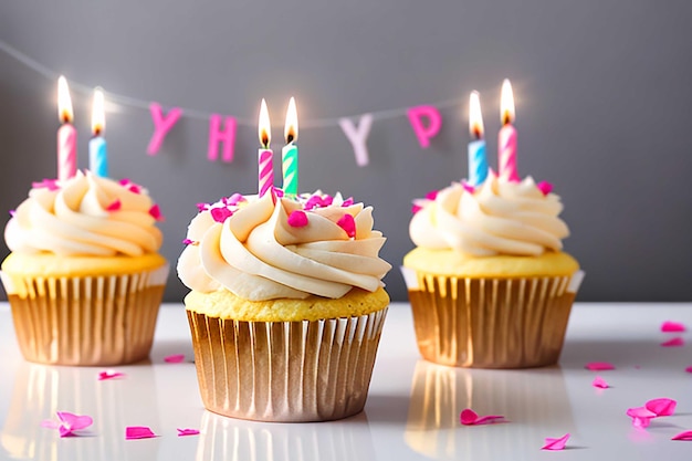 Fresh birthday cupcake with burning candles on white backdrop