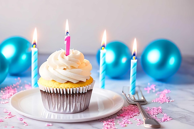 Fresh birthday cupcake with burning candles on white backdrop