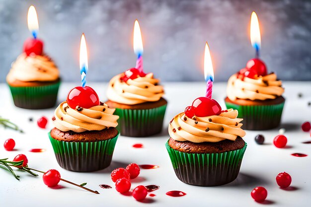 Fresh birthday cupcake with burning candles on white backdrop