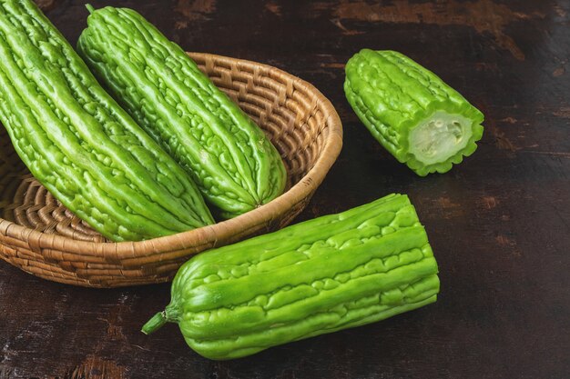 Fresh bitter gourd in a basket