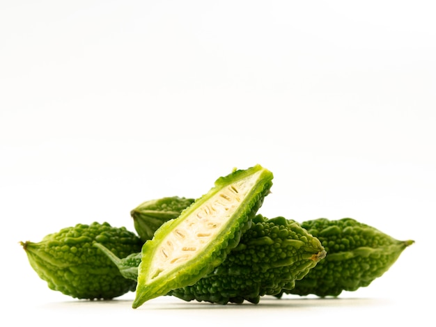 Fresh bitter gourd on white background.