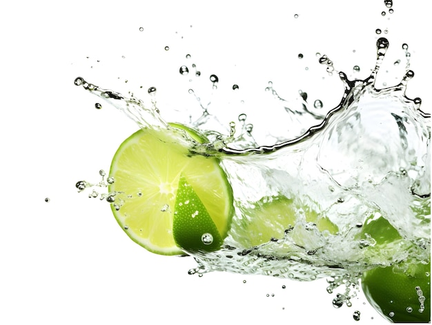 Fresh bitter lime citrus with splashes of water isolated on white background