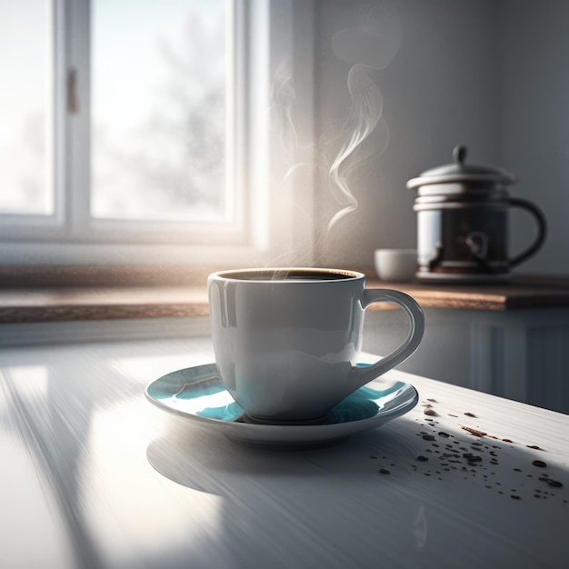 Fresh black coffee with steam trails on wooden table created using generative ai technology