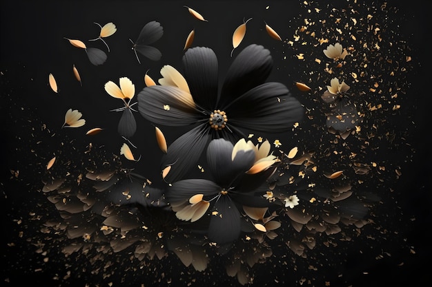fresh black flowers falling in the air on black background