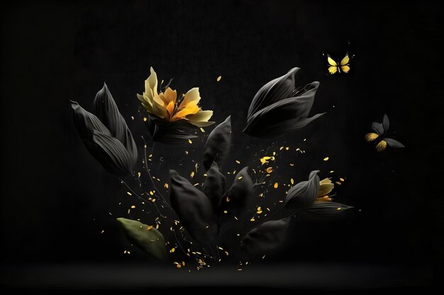 fresh black flowers falling in the air on black background