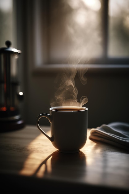 Fresh black hot coffee with steam trails on wooden table created using generative ai technology