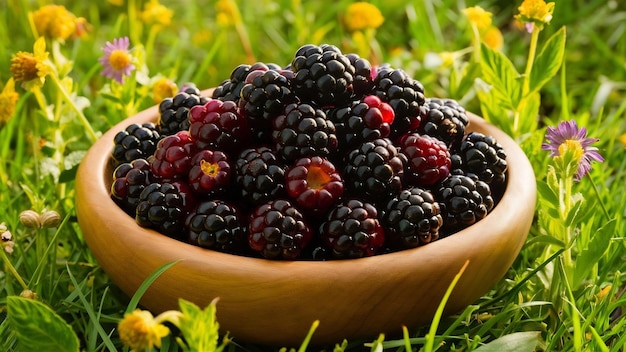 Fresh blackberries on bowl on grass