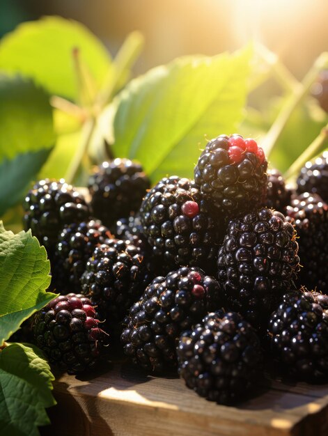 Photo fresh blackberries in a wooden box selective focus shallow depth of field