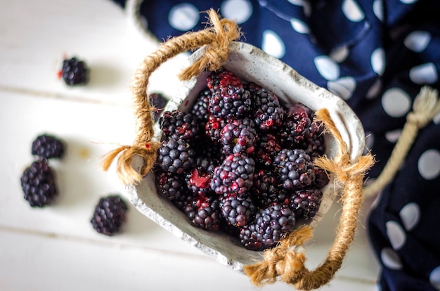 Fresh blackberry in a basket on a table