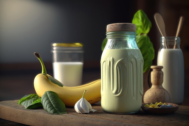 Fresh blended Banana and avocado smoothie with yogurt or milk in mason jar AI generation