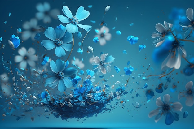 fresh blue flowers falling in the air on blue background ai generated