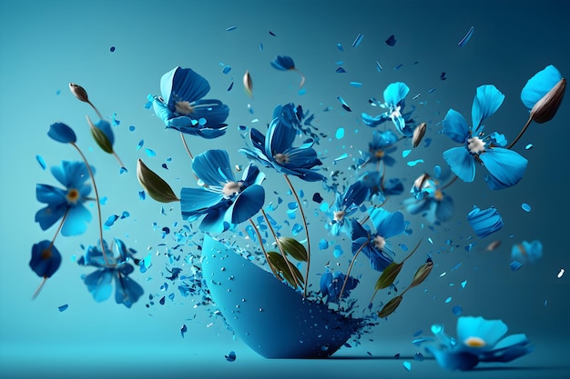Свежие голубые цветы падают в воздух на синем фоне, сгенерированном ai