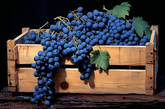 Fresh Blue grapess in wooden crate