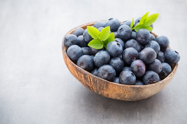 Fresh blueberries in a bowl on gray.