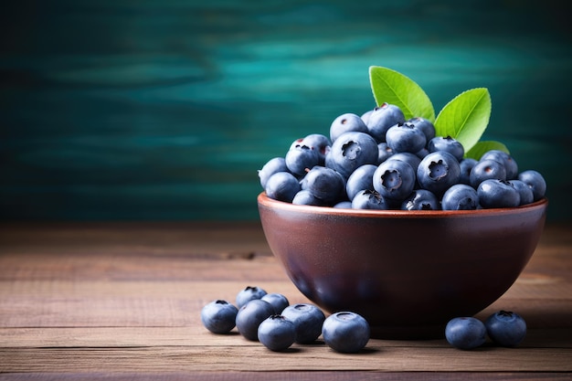 Fresh blueberries in a bowl on a wooden background Blueberry banner Bowl full of blueberries Closeup food photography background Ai generated