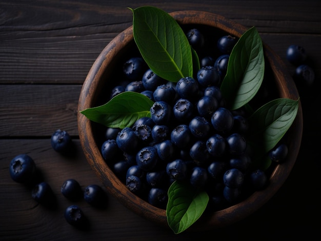 Fresh blueberries in a bowl on a wooden background Selective focus