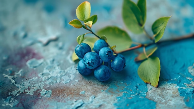 Fresh blueberries on a branch with leaves vibrant and rustic style still life artistic food photography AI